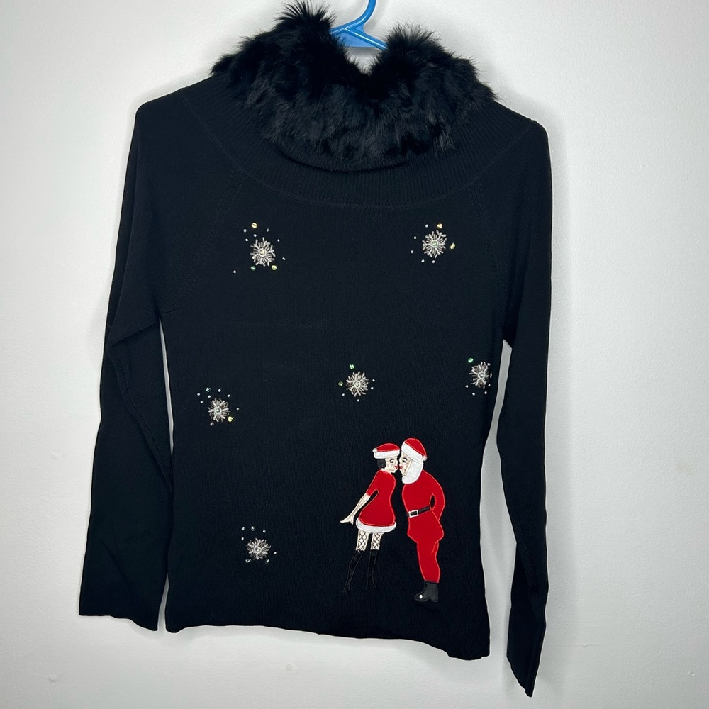 LISA INTERNATIONAL Petites Christmas Black Sweater Santa Kissing Petite Medium